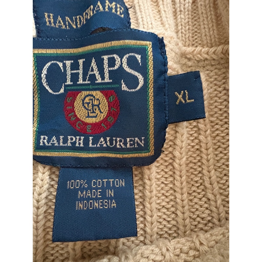 Vintage Chaps Ralph Lauren Mens XL Cream Ribbed Cotton Knit Crest Sweater Beige - Picture 6 of 7